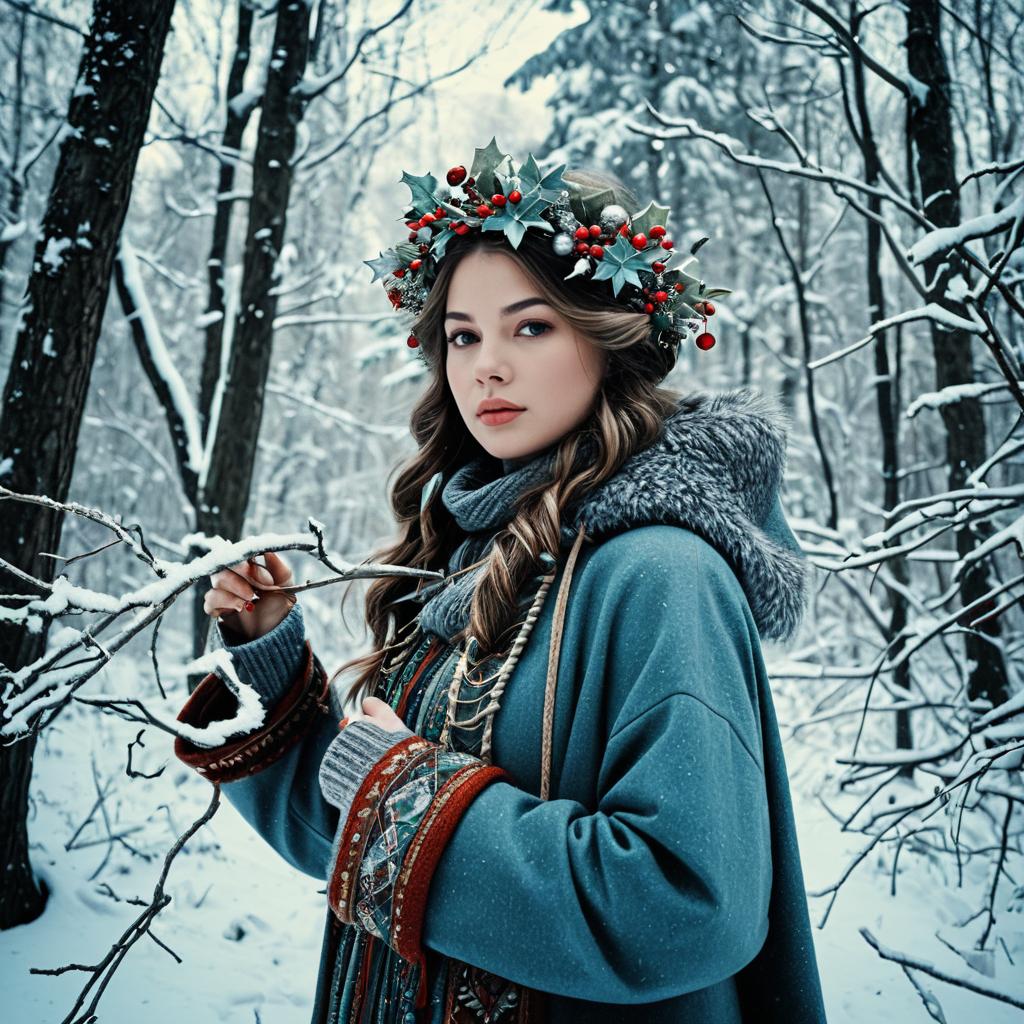 Winter Portrait of Woman Wearing Holly Wreath in Snowy Forest