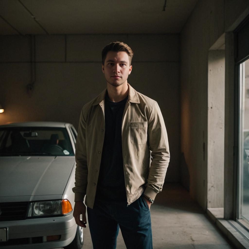 Confident Man in Stylish Attire in Garage with Classic Car