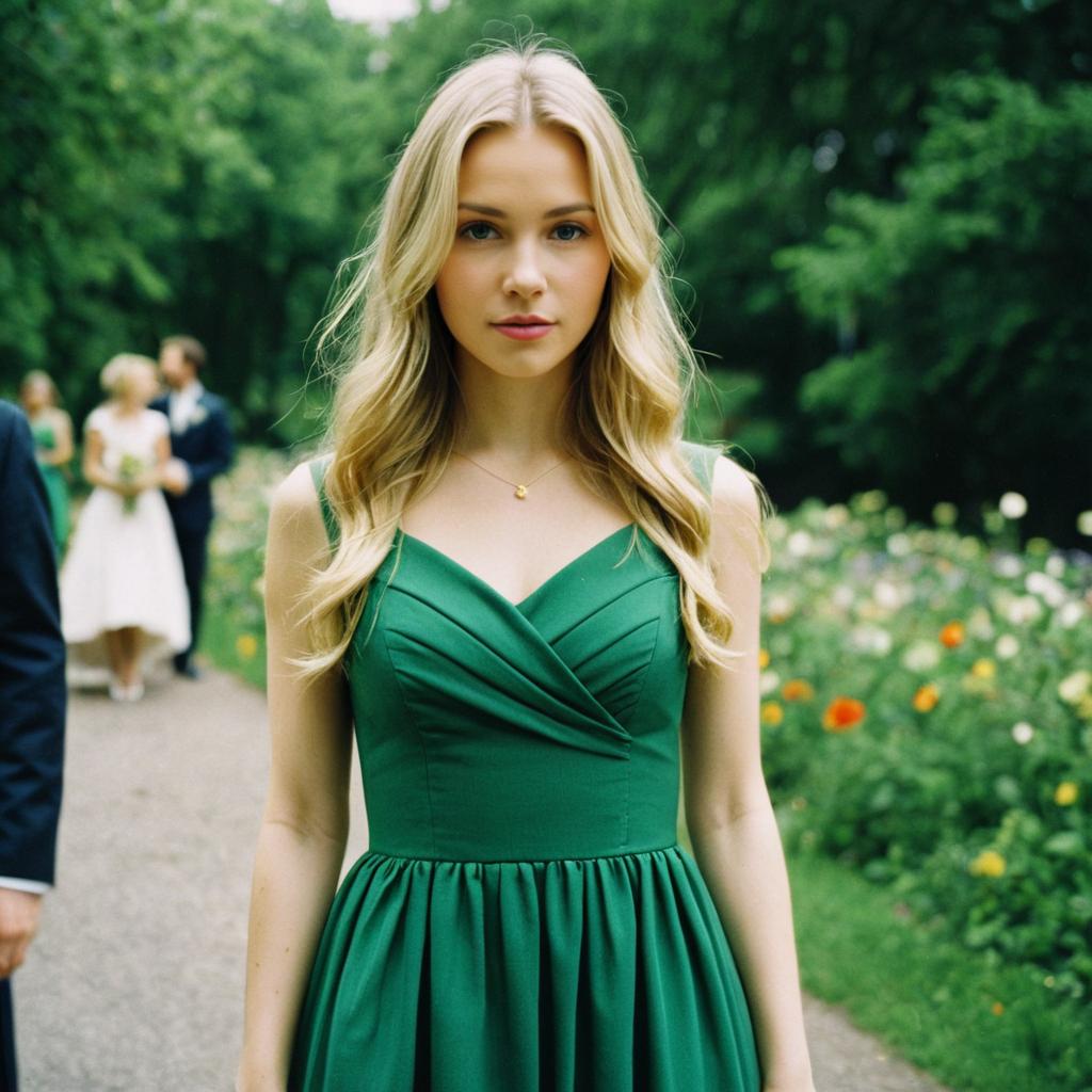 Young Woman in Green Midi Dress at Wedding Young Woman in Green Midi Dress at Wedding