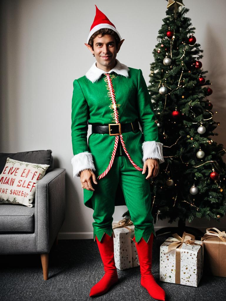 Man in Classic Elf on the Shelf Costume with Christmas Tree and Gifts