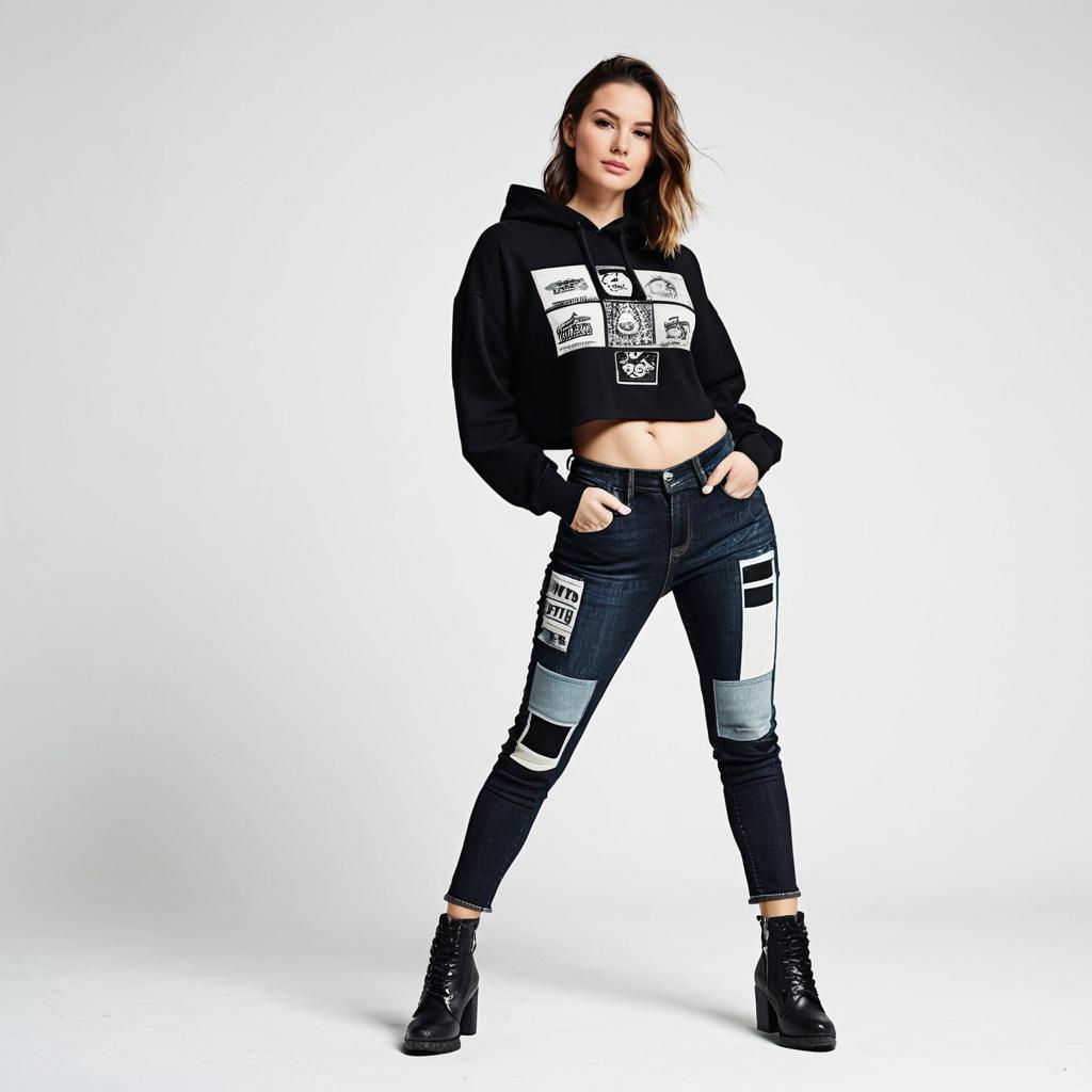 Young Woman in Trendy Cropped Hoodie and Patchwork Jeans Fashion