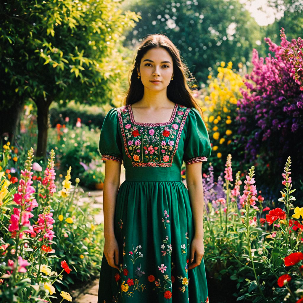 Young Woman in Green Dress in Vibrant Garden Young Woman in Green Dress in Vibrant Garden