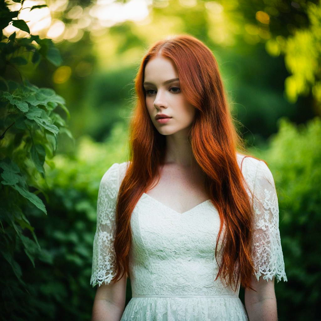 Serene Woman in White Lace Dress Among Green Foliage