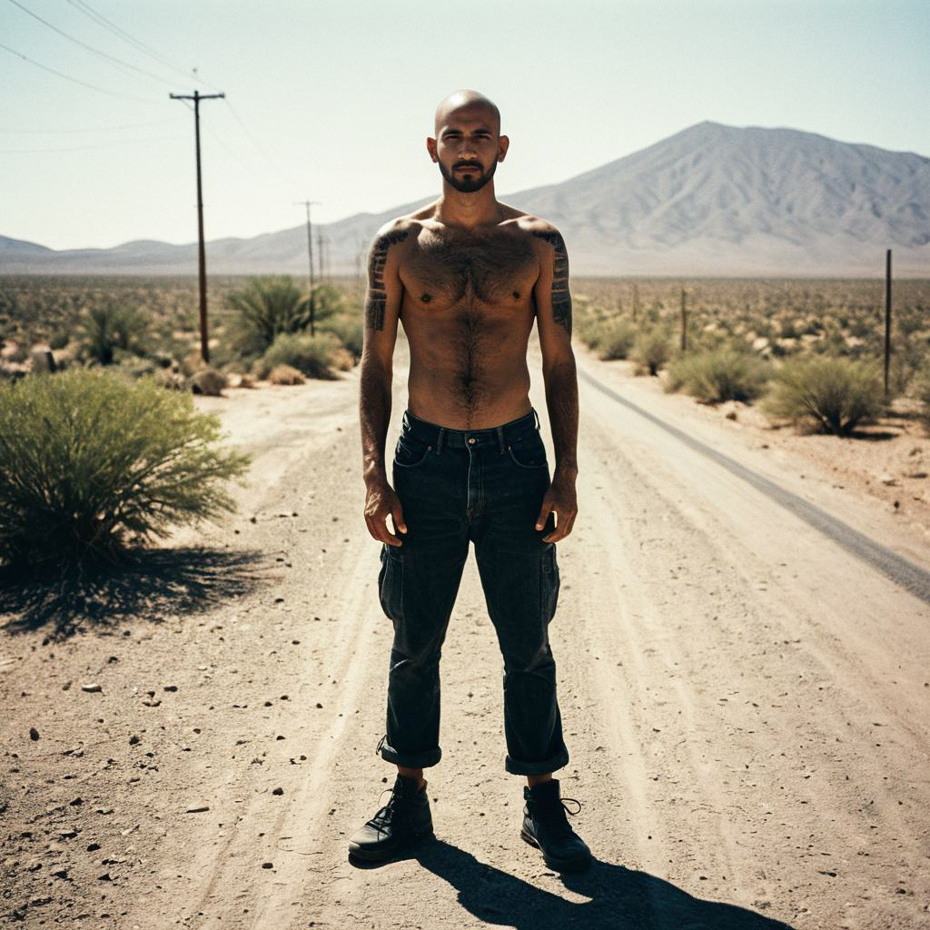 Shirtless Man on Desert Road