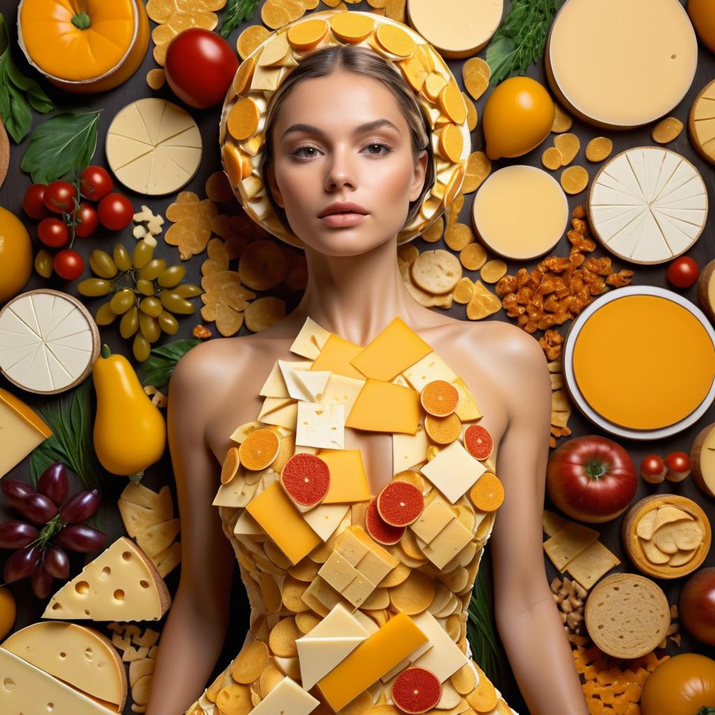 Woman in Cheese-Inspired Outfit Surrounded by Food