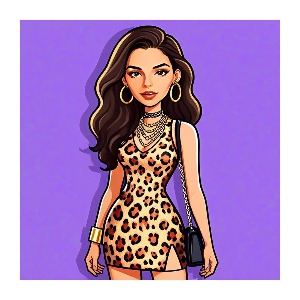Stylish Woman in Leopard Print Mini Dress Digital Illustration