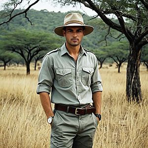 Man in Safari Outfit Standing in African Savannah Grassland