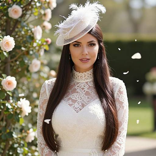 Elegant Woman in White Lace Dress and Fascinator in Garden