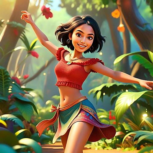 Joyful Young Woman Dancing in Vibrant Tropical Forest Animation