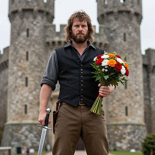 Medieval Man Holding Sword and Flowers in Front of Stone Castle