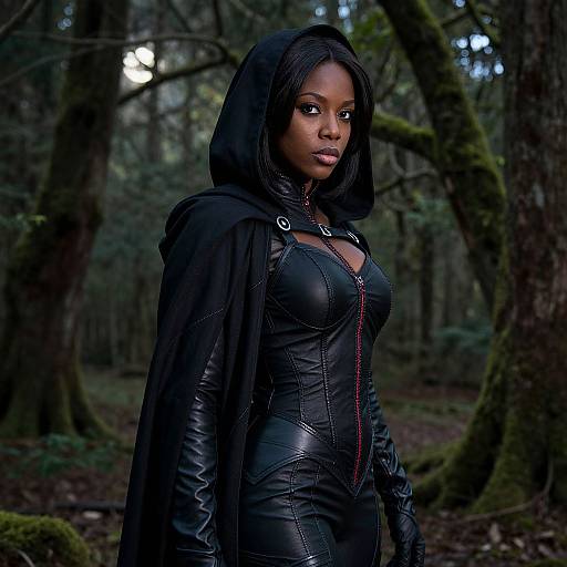 Confident Woman in Black Leather Bodysuit and Hooded Cloak in Mystical Forest