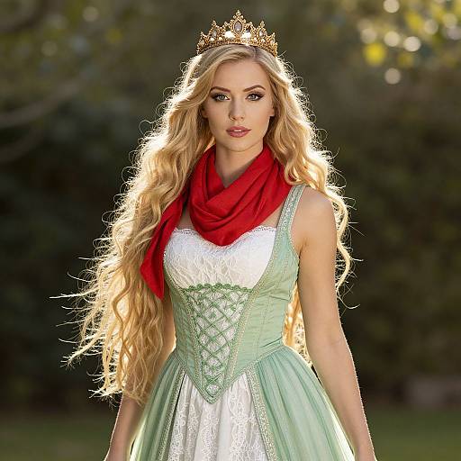 Regal Woman in Green Corseted Gown and Crown with Red Scarf