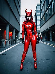 Woman in Red Latex Devil Costume Full Body Cosplay Photo Urban Setting