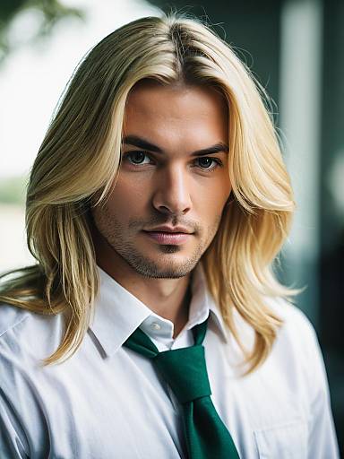 Alkaid McGrath Portrait with Long Blonde Hair and Green Tie