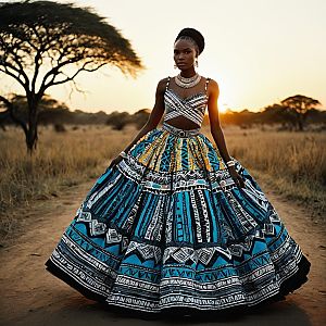 Striking Woman in Vibrant African Dress at Sunset