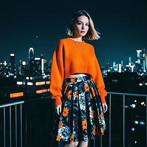 Stylish Woman in Orange Sweater and Floral Skirt on City Rooftop at Night