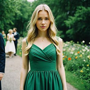 Young Woman in Green Midi Dress at Wedding