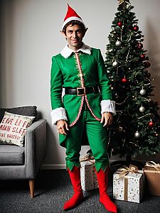 Man in Classic Elf on the Shelf Costume with Christmas Tree and Gifts