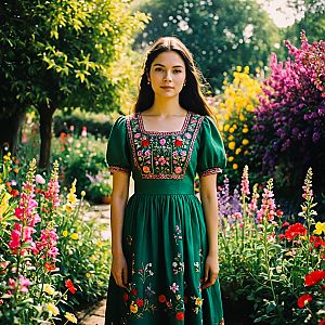 Young Woman in Green Dress in Vibrant Garden