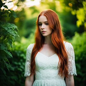 Serene Woman in White Lace Dress Among Green Foliage