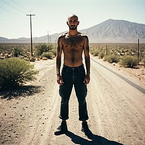 Shirtless Man on Desert Road