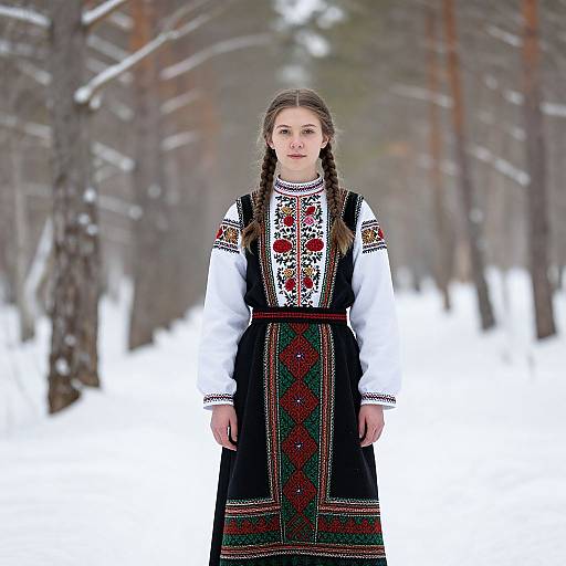 Young Woman in Traditional Embroidered Folk Costume in Snowy Forest