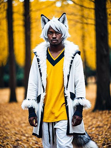 Man in Wolf Ears and Fur-Trimmed Coat Walking in Autumn Forest