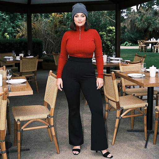 Curvy Woman in Red Fitted Turtleneck and High-Waisted Black Pants Casual Chic Look