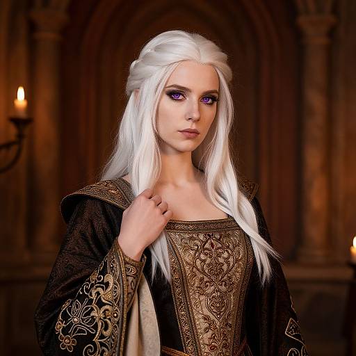 Medieval Fantasy Woman with White Hair and Purple Eyes in Embroidered Dress