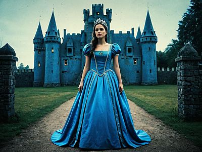 Woman in Royal Blue Gown at Castle