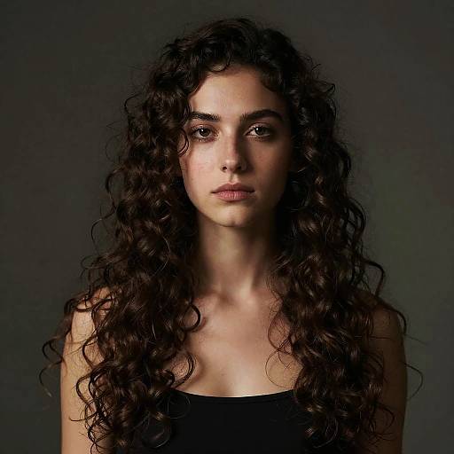 Portrait of a Woman with Long Curly Hair and Natural Makeup