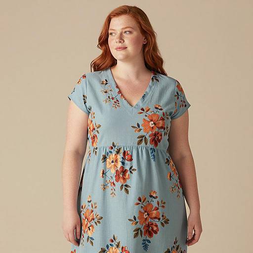 Red-Haired Woman Wearing Blue Floral Dress with V-Neck