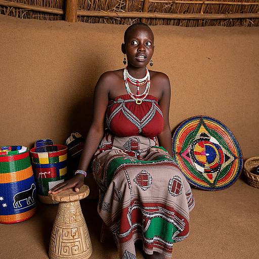 Traditional African Woman in Cultural Dress with Woven Baskets