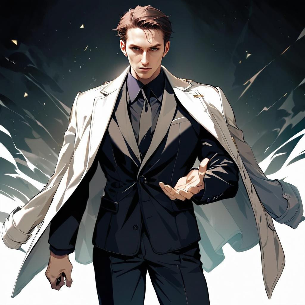 Confident Man in Black Suit with Flowing Coat - Anime Style