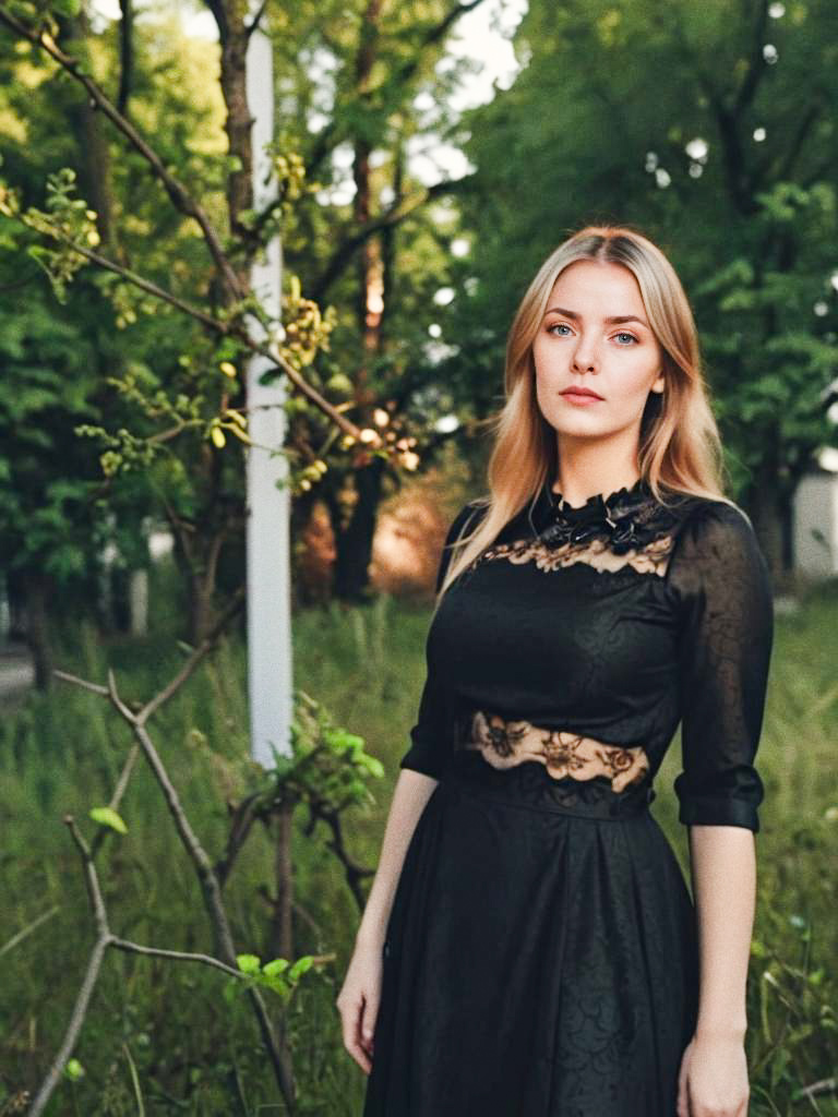 Woman in Elegant Black Dress in Lush Outdoor Setting