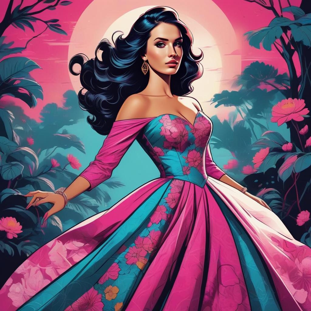 Woman in Floral Gown with Tropical Background