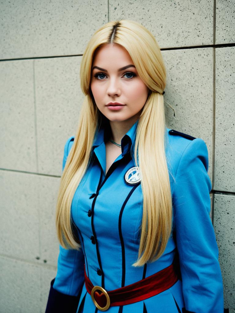 Stylish Blonde Woman in Blue Uniform with Red Belt Portrait