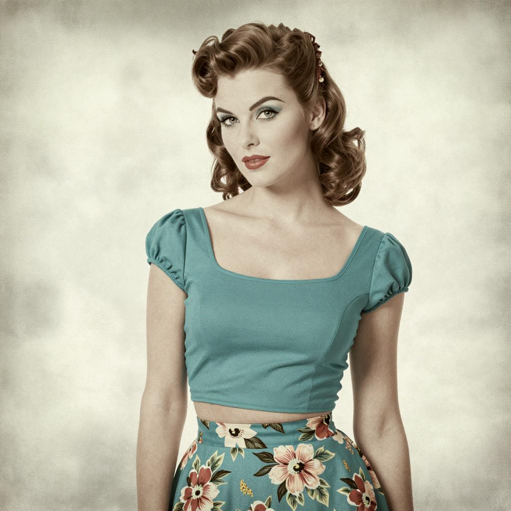 Vintage 1950s Style Woman in Teal Crop Top and Floral Skirt