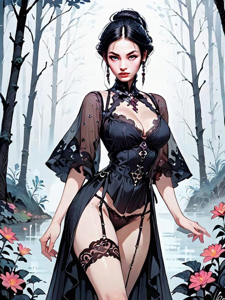 Dark Fantasy Medieval Woman in Foggy Forest Digital Illustration