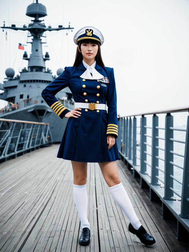 Admiral Woman in Navy Uniform on Warship Deck