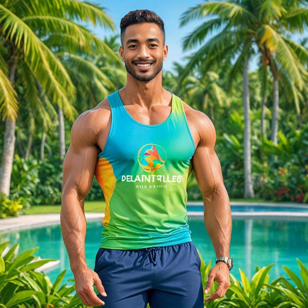 Confident man in Delight Fitness tank top by pool