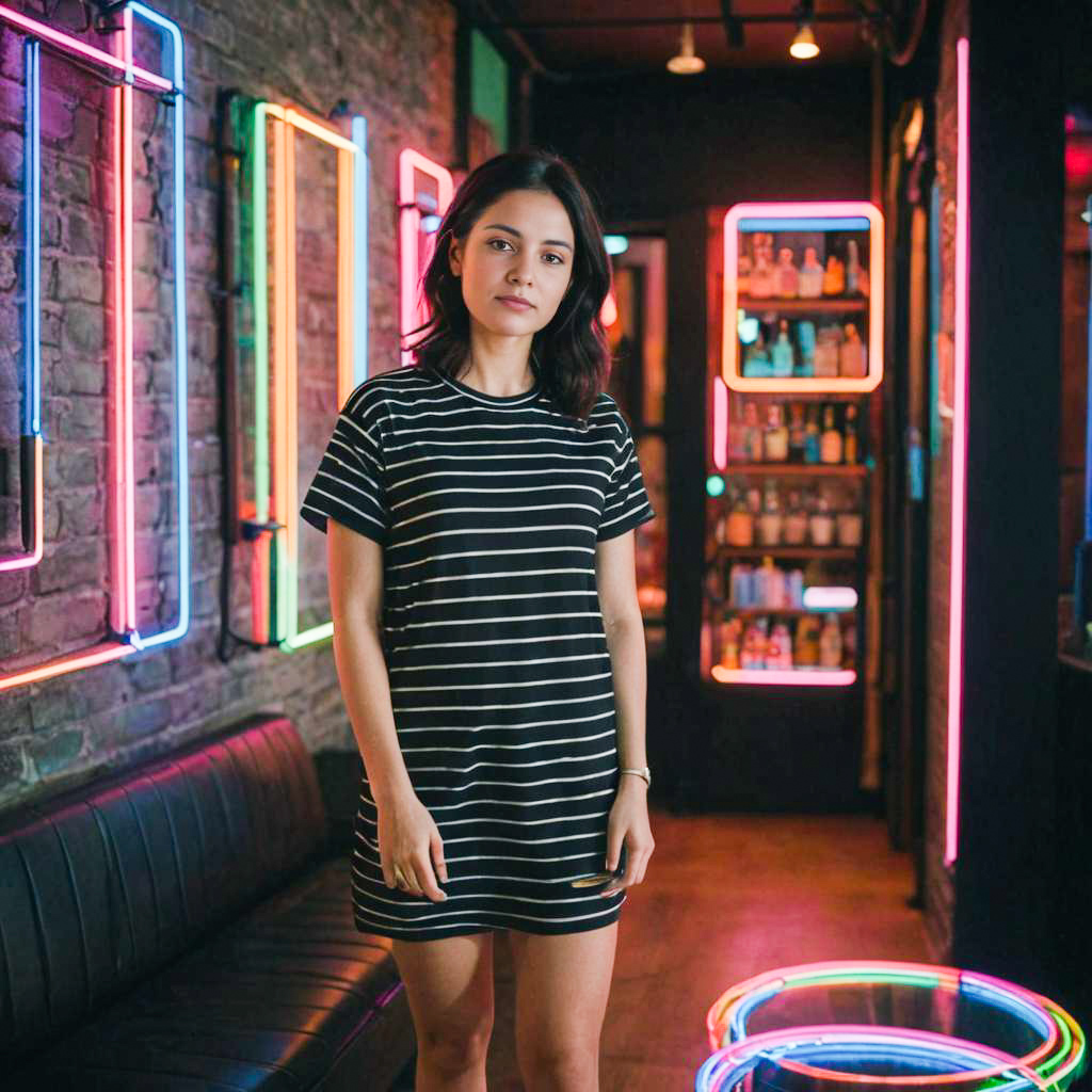 Confident Woman in Neon Bar