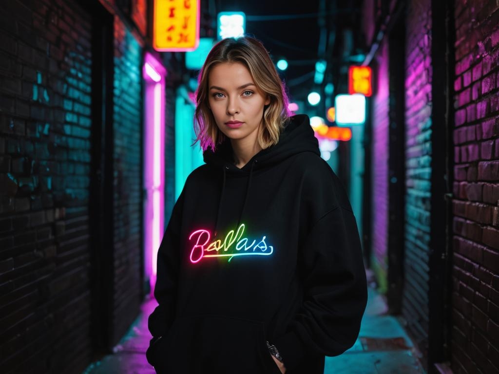 Woman in Black Hoodie with Neon Letters in Dark Alley