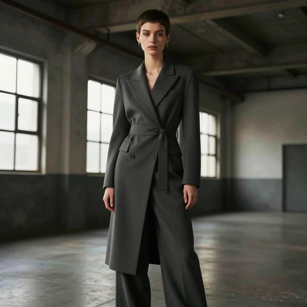 Woman Wearing Dark Gray Belted Long Coat and Trousers in Industrial Setting