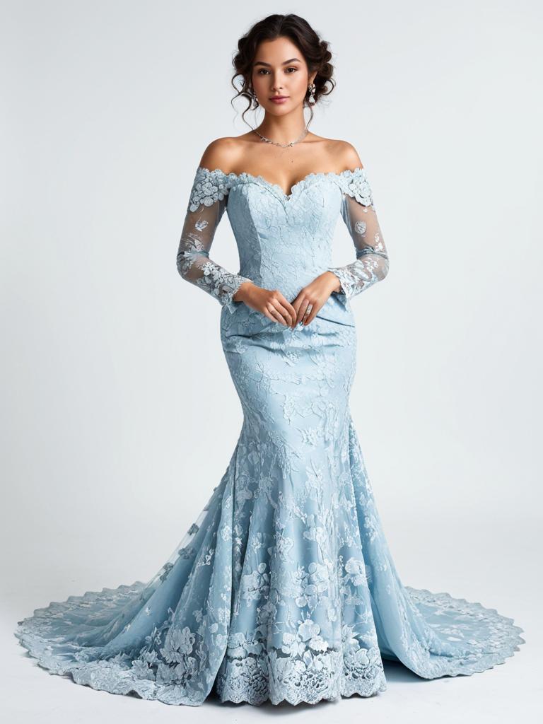 Elegant Woman in Pale Blue Off-The-Shoulder Lace Gown with Mermaid Train
