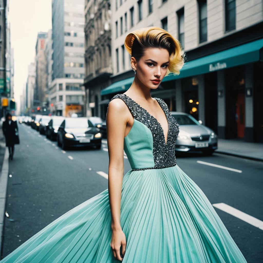 Elegant Woman in Mint Green Evening Gown on City Street Fashion Photography