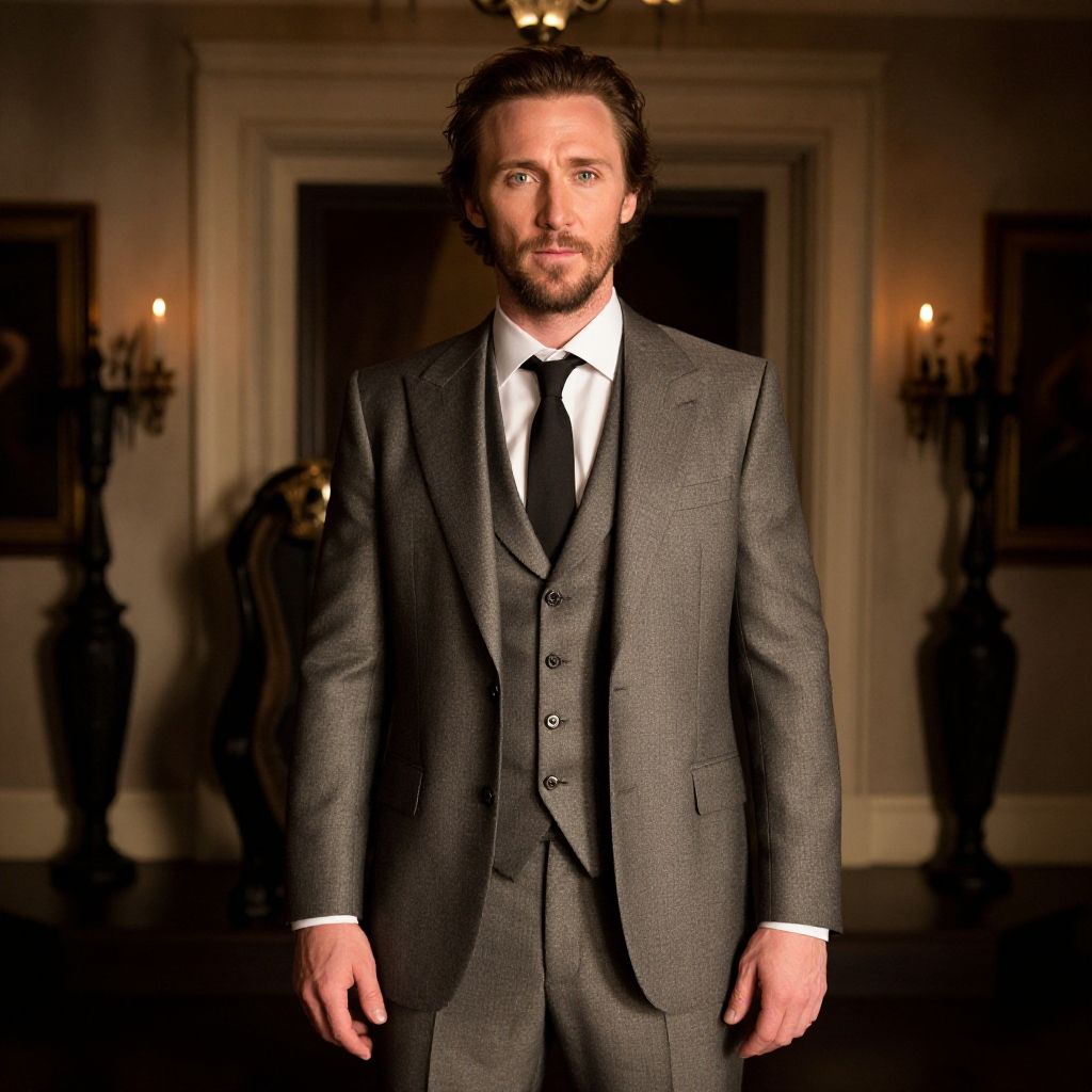 Man in Classic Brown Three-Piece Suit in Elegant Vintage Interior