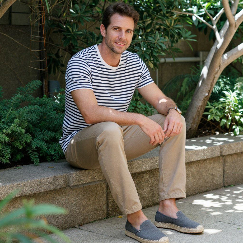 Casual Man Sitting Outdoors Wearing Striped T-Shirt and Beige Pants