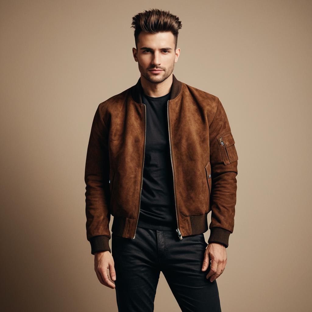 Confident Young Man in Brown Suede Bomber Jacket
