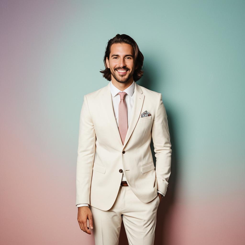 Confident Man in Cream Suit with Pastel Background